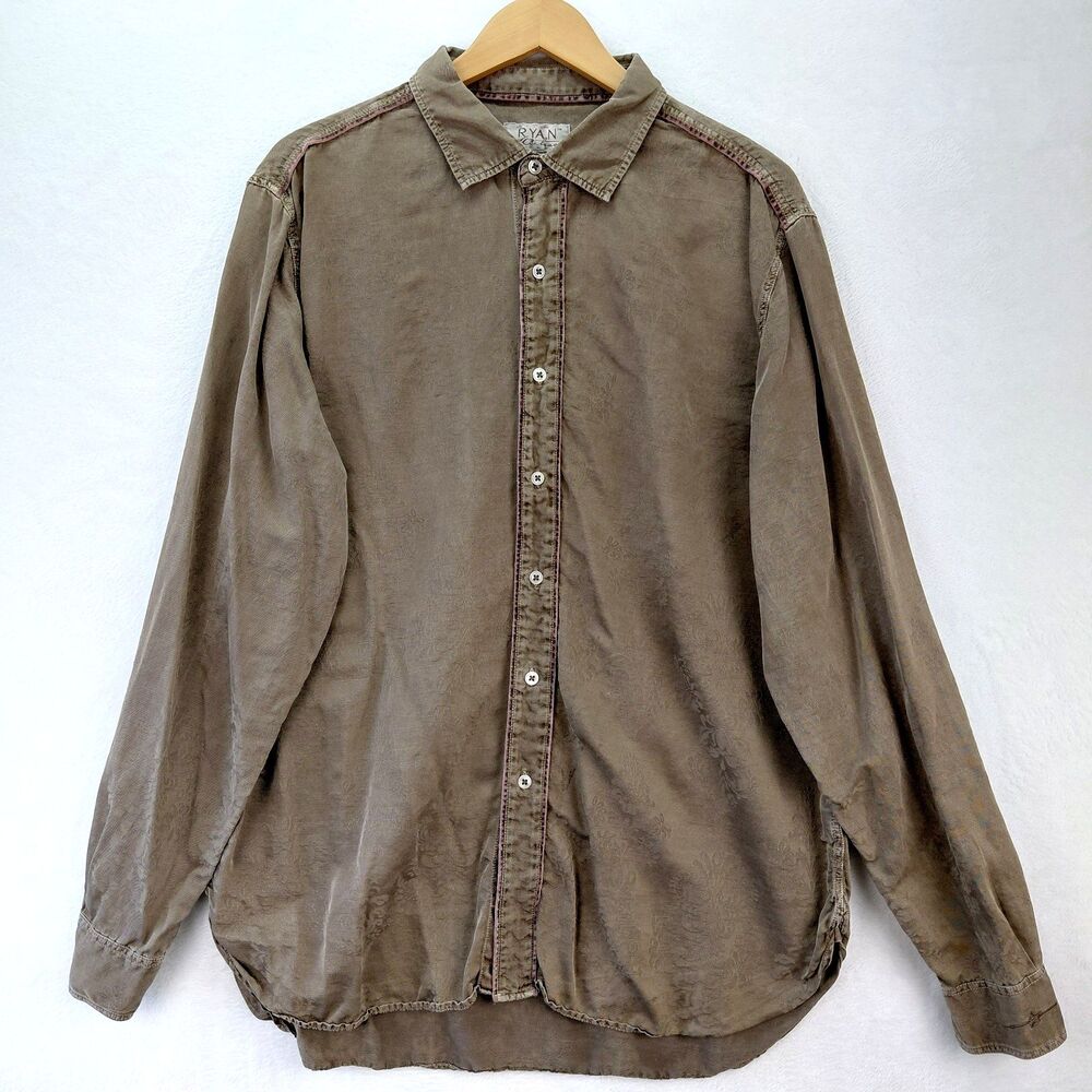 Ryan Michael Shirt Mens XL Brown Silk Fleur-De-Lis Floral Button Western Cowboy
